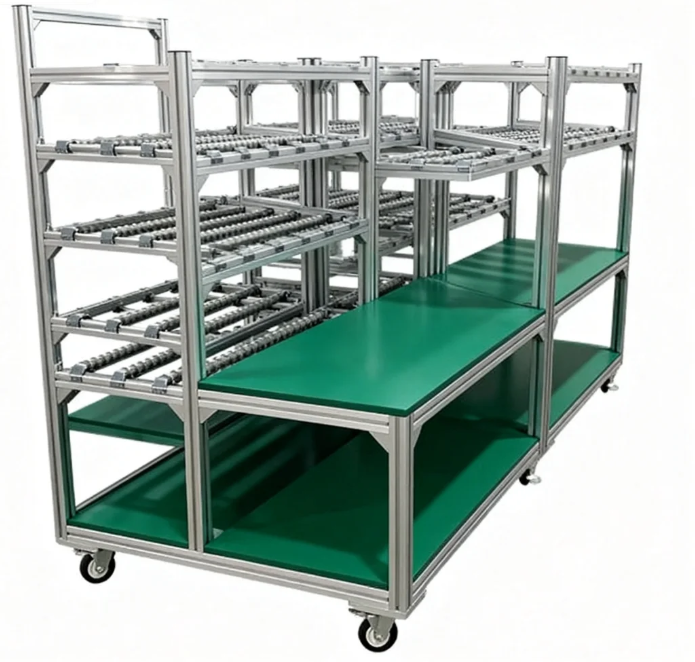 Dual-channel Fluid Composite Transfer Rack With Upper And Lower Partitions  With Forward And Backward Discharge Lines And Side Material Racks