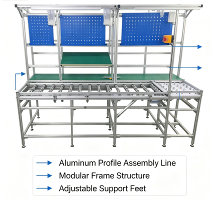 Linea di assemblaggio a sfere con profilo industriale in alluminio personalizzato, stazione di lavoro di produzione con nastro trasportatore in PVC antistatico